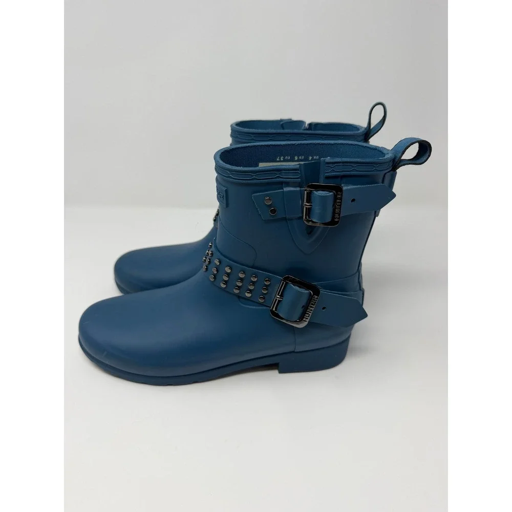 Hunter Refined Stud Biker Rain Boots Matte Blue Ankle Waterproof Studded US 6